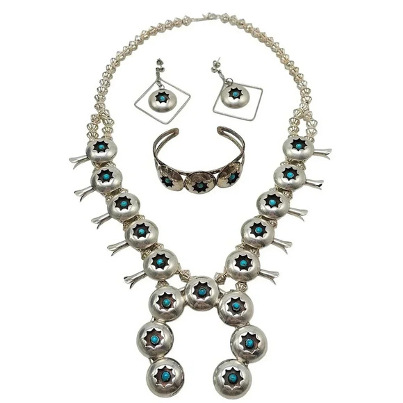 Southwestern Silver Snake Eyes Turquoise Squash Necklace Earrings Cuff Bracelet - Picture 1 of 16